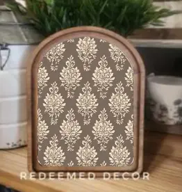 Redeemed Decor Arch Top Framed Art, Brown Cream Damask 8x11"