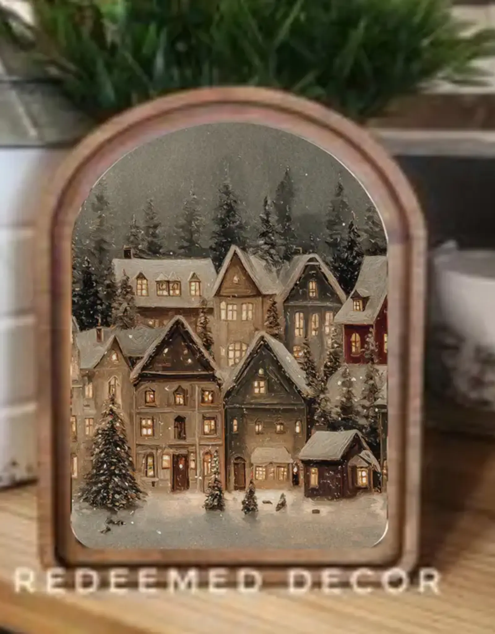 Redeemed Decor Arch Top Framed Art, Snowy Christmas Village 8x11"