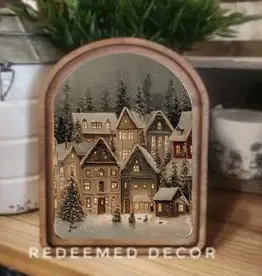 Redeemed Decor Arch Top Framed Art, Snowy Christmas Village 8x11"