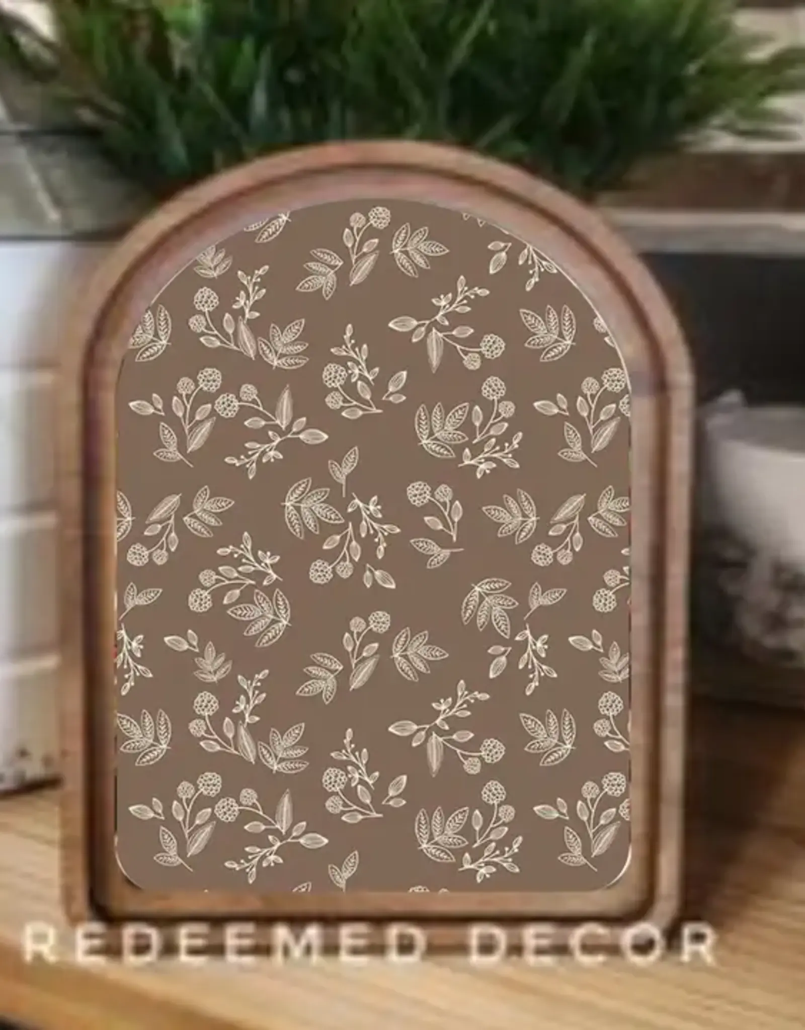 Redeemed Decor Arch Top Framed Art, Brown Leaf Pattern 8x11"