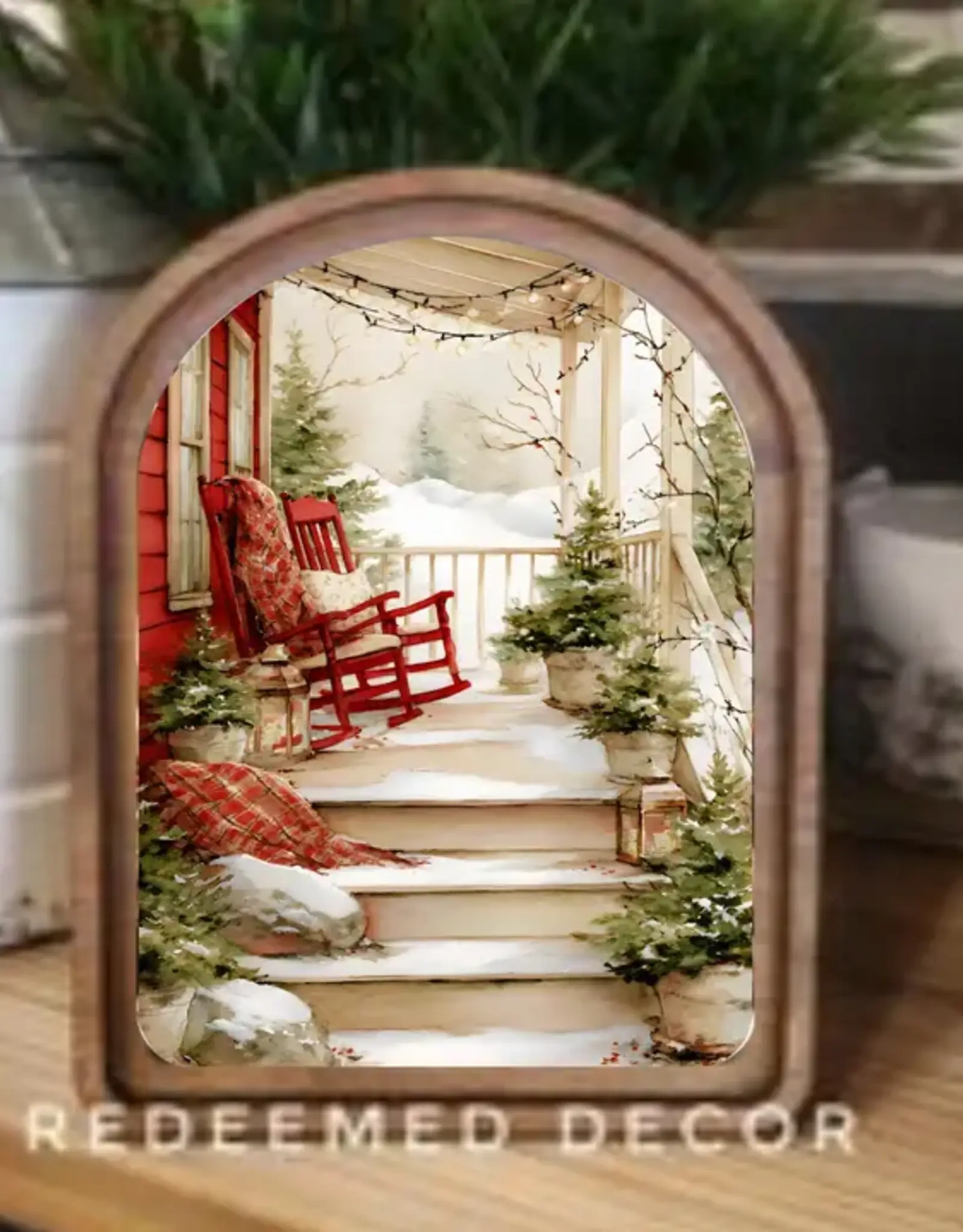 Redeemed Decor Arch Top Framed Art, Cozy Christmas Porch