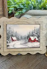 Redeemed Decor Scalloped Framed Art, Snowy Red Cabins 6x8"