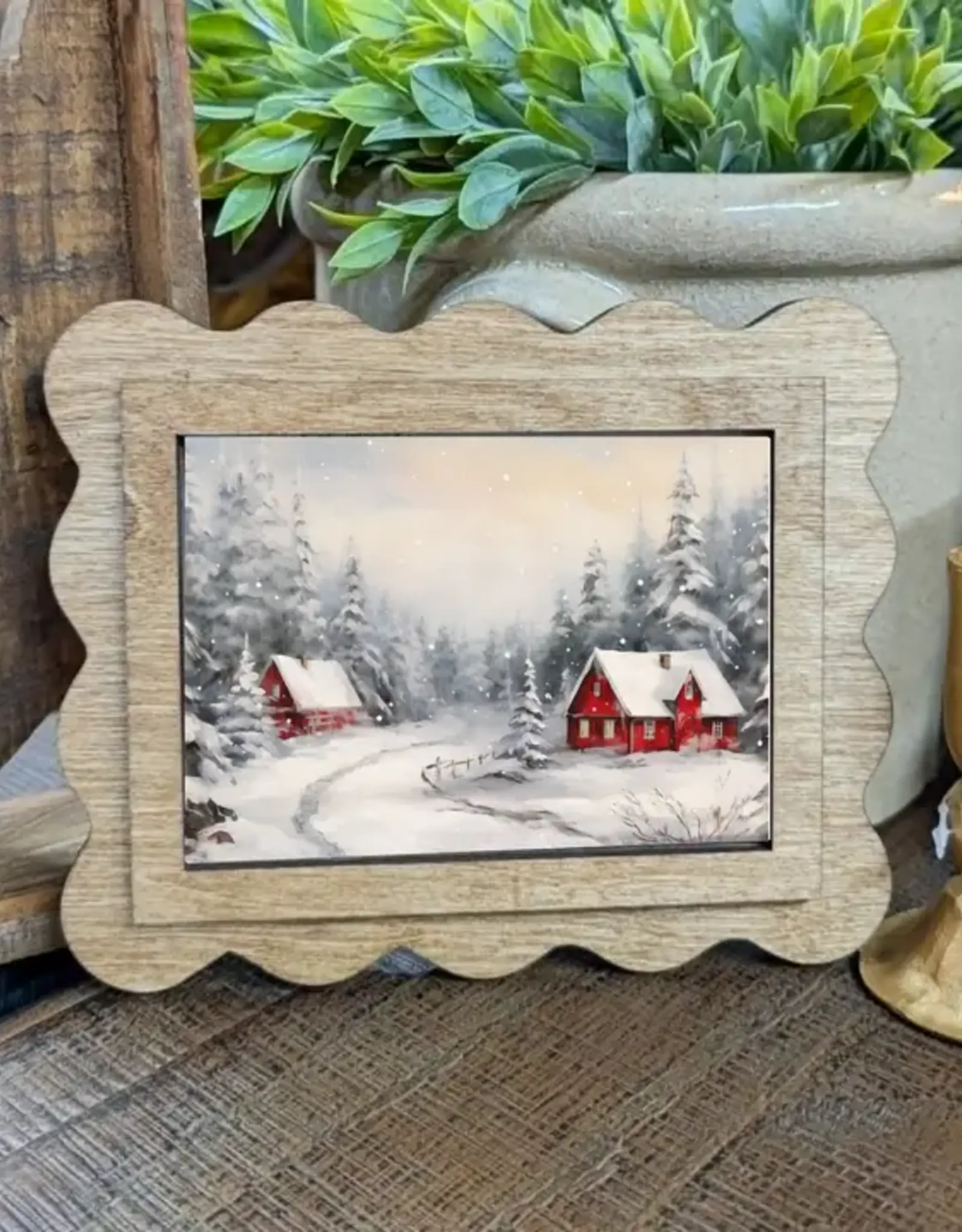 Redeemed Decor Scalloped Framed Art, Snowy Red Cabins 6x8"