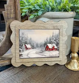 Redeemed Decor Scalloped Framed Art, Snowy Red Cabins 6x8"