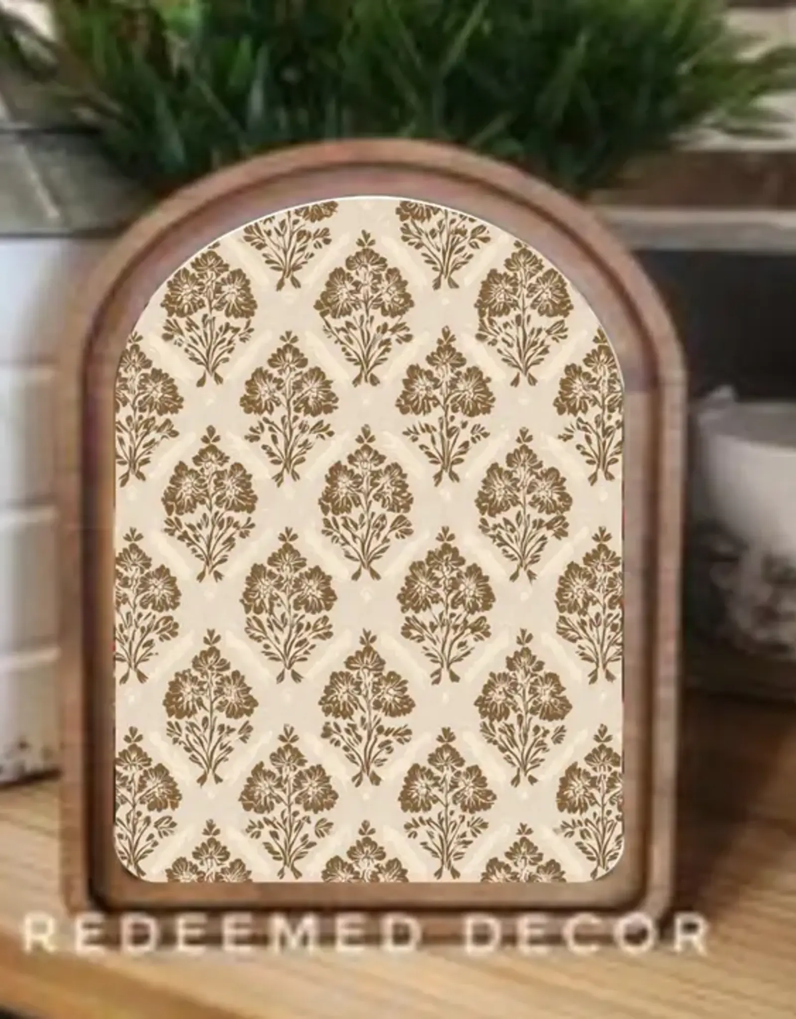 Redeemed Decor Arch Top Framed Art, Brown Antique Floral 8x11"