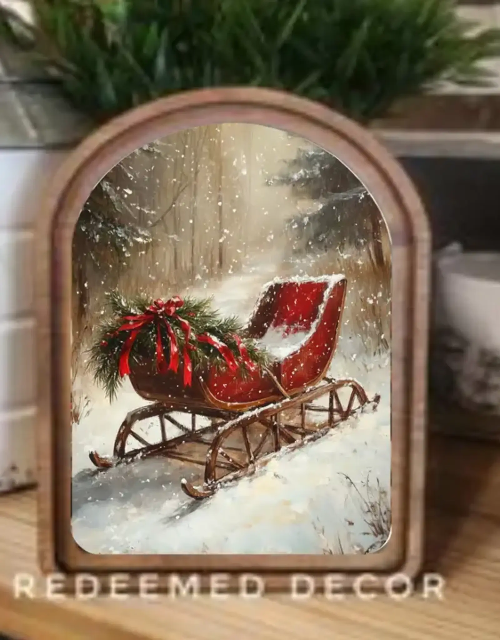 Redeemed Decor Arch Top Framed Art, Vintage Sleigh