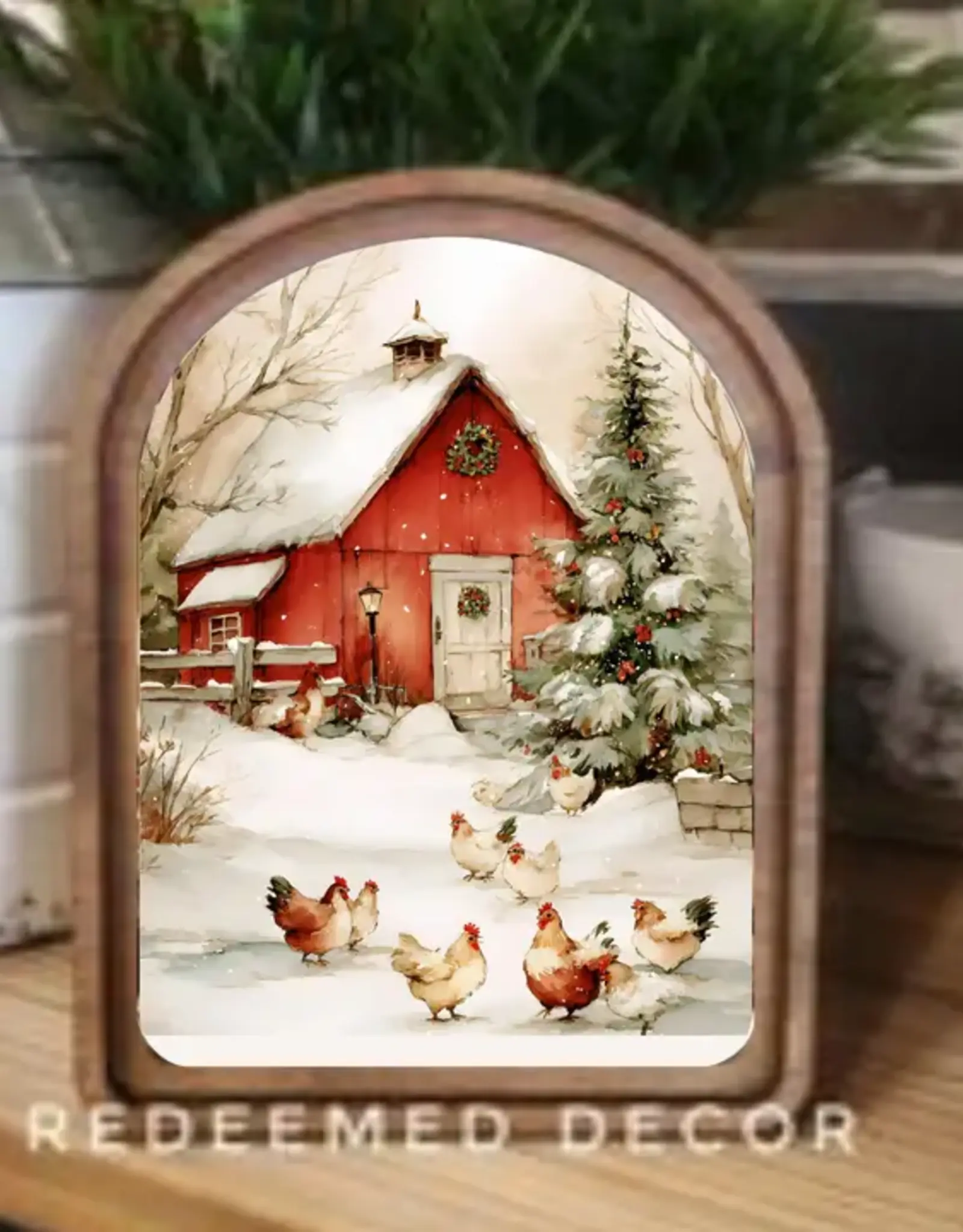 Redeemed Decor Arch Top Framed Art, Cozy Christmas Chickens