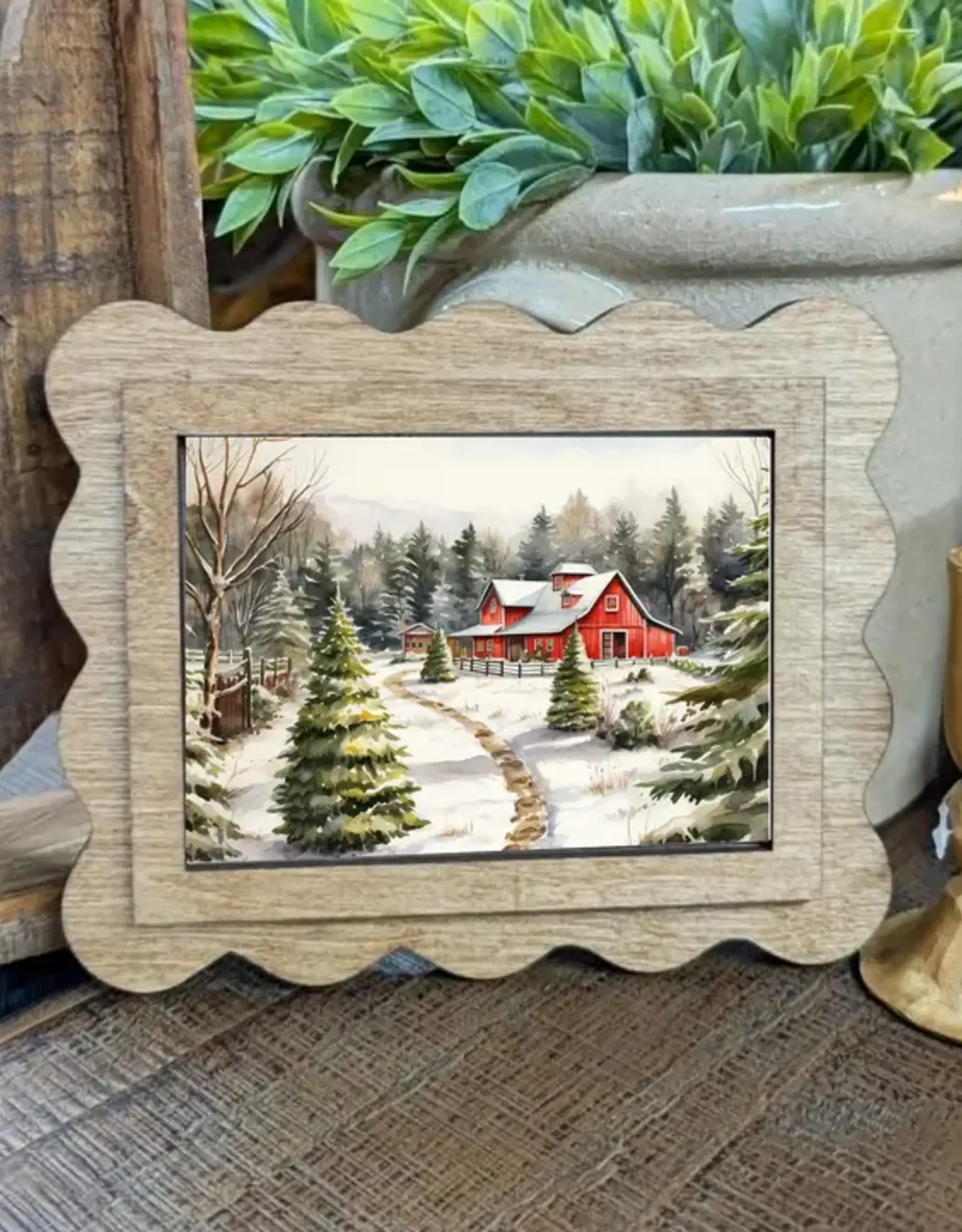 Redeemed Decor Scalloped Framed Art, Tree Lot Barn 6x8"
