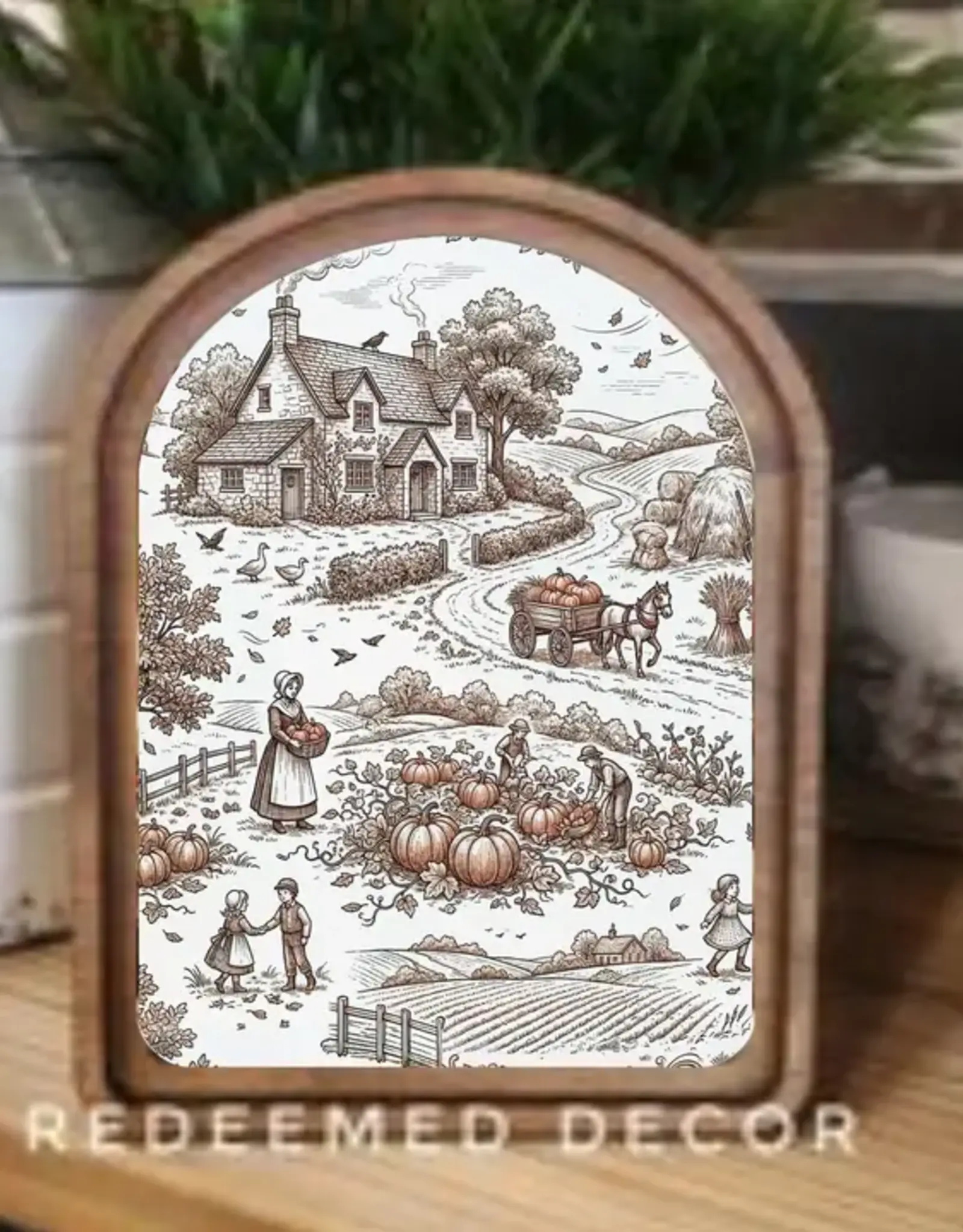 Redeemed Decor Arch Top Framed Art, Pumpkin Toile 8x11"