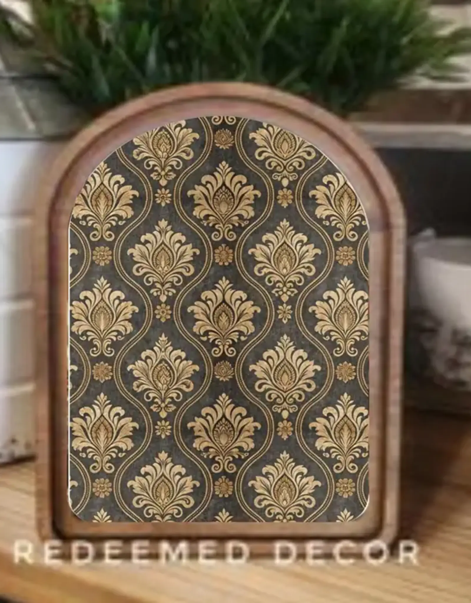 Redeemed Decor Arch Top Framed Art, Black Tan Damask 8x11"