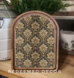 Redeemed Decor Arch Top Framed Art, Black Tan Damask 8x11"