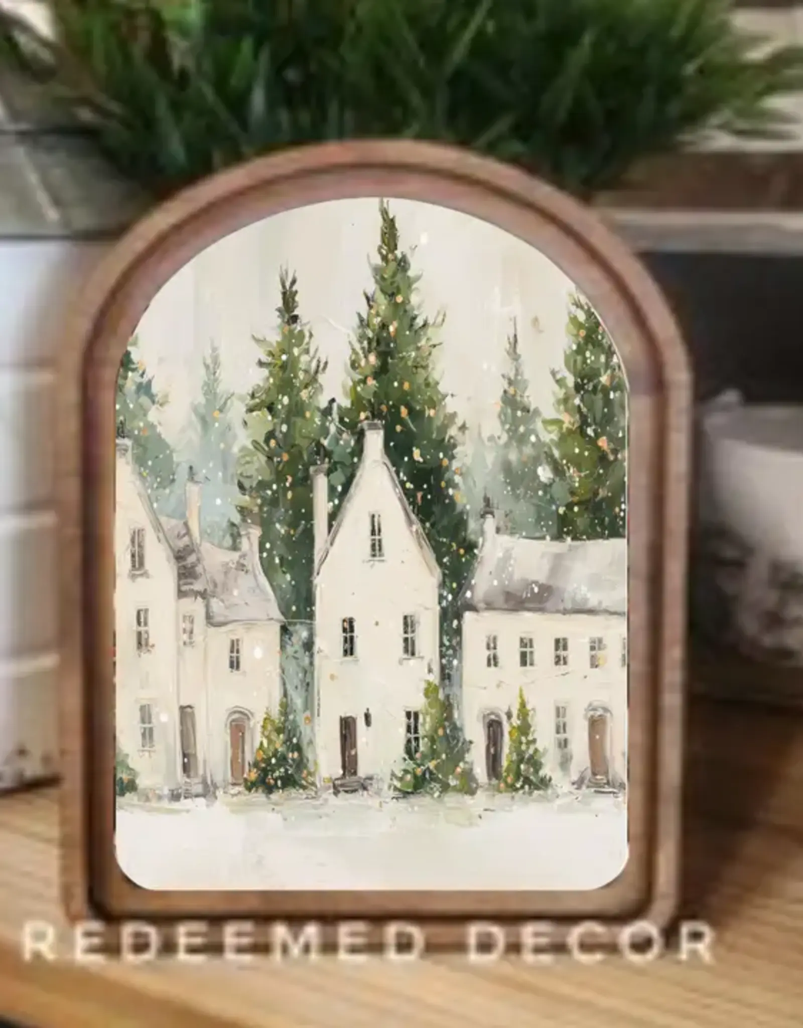 Redeemed Decor Arch Top Framed Art, White Christmas Houses