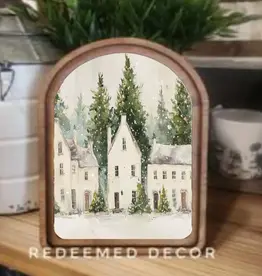 Redeemed Decor Arch Top Framed Art, White Christmas Houses