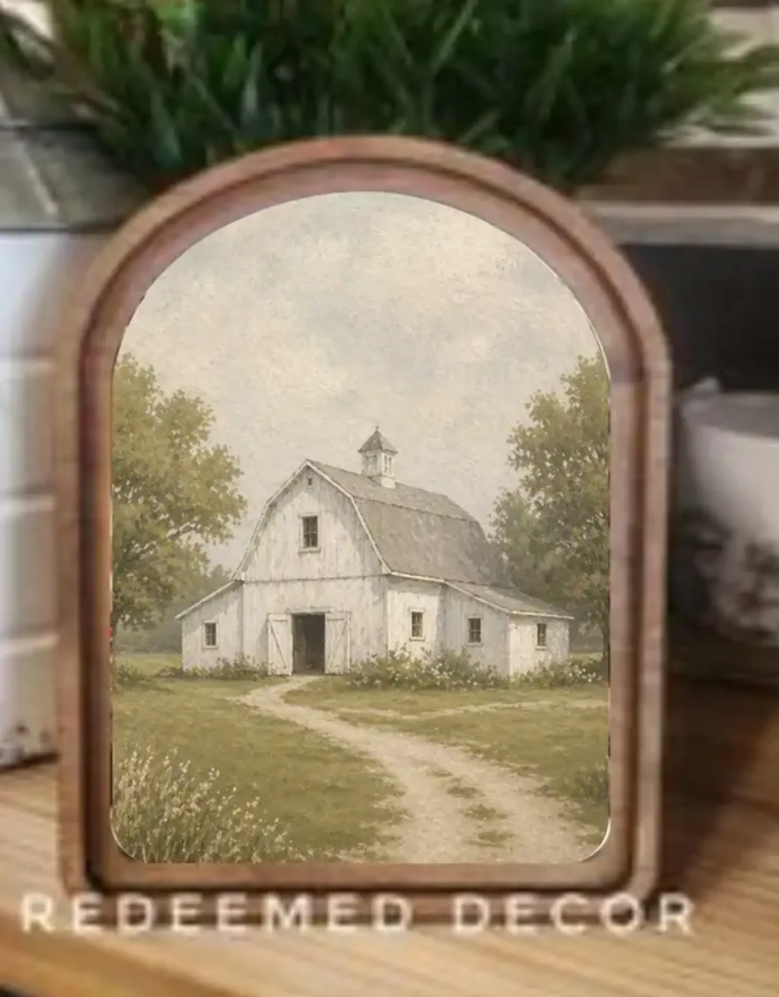 Redeemed Decor Arch Top Framed Art, White Barn
