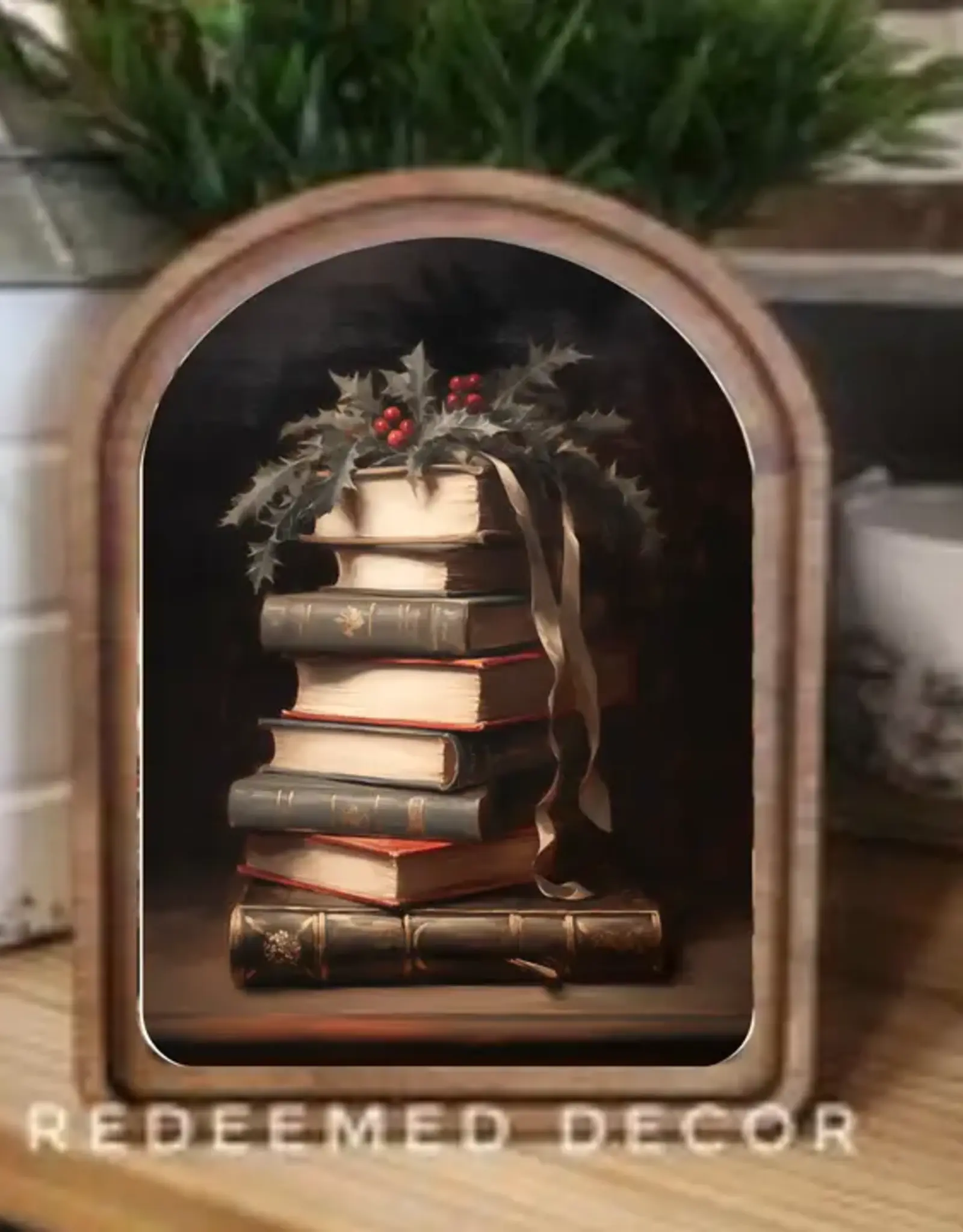 Redeemed Decor Scalloped Framed Art, Christmas Books 6x8"
