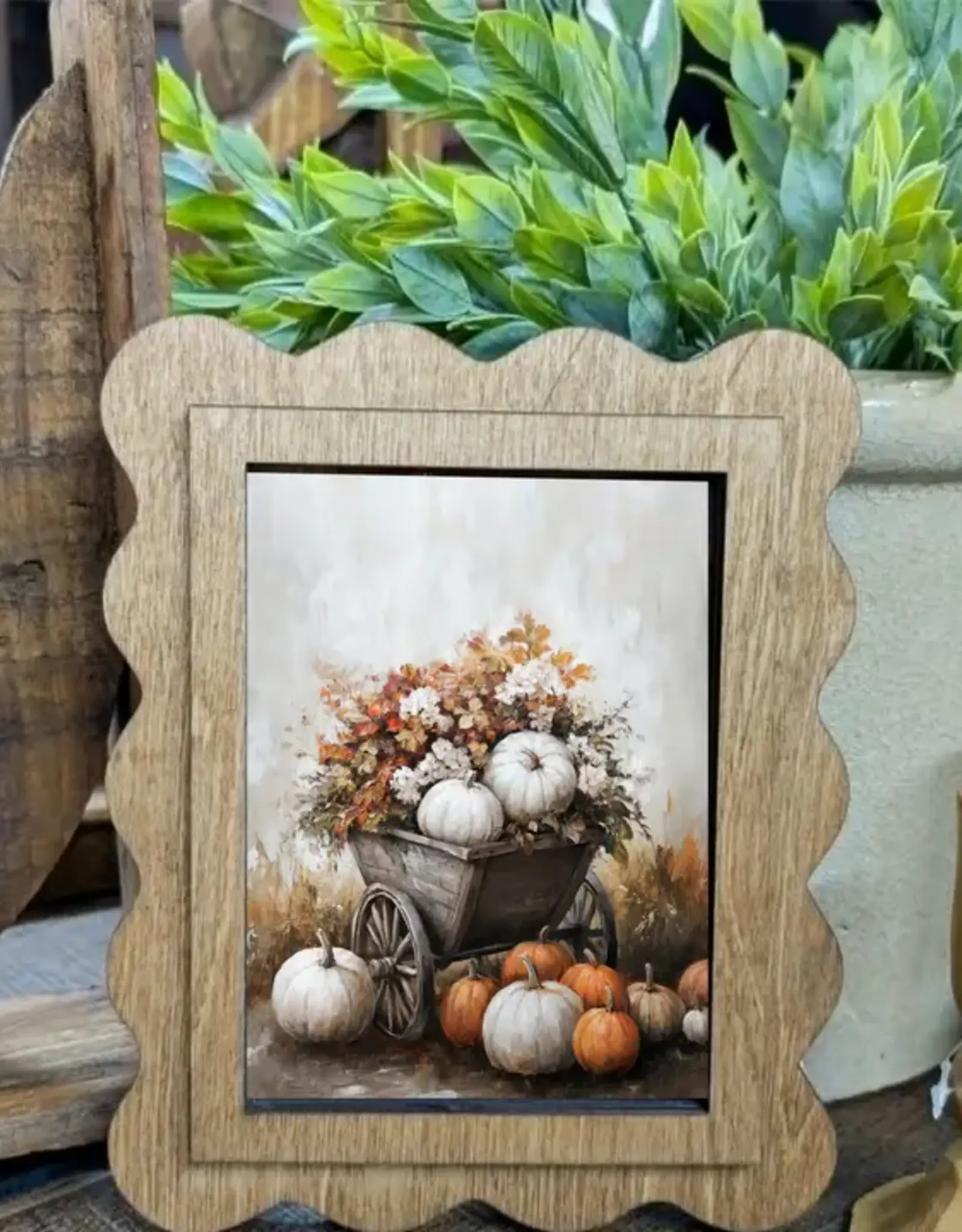 Redeemed Decor Scalloped Framed Art, Pumpkin Wagon 6x8"