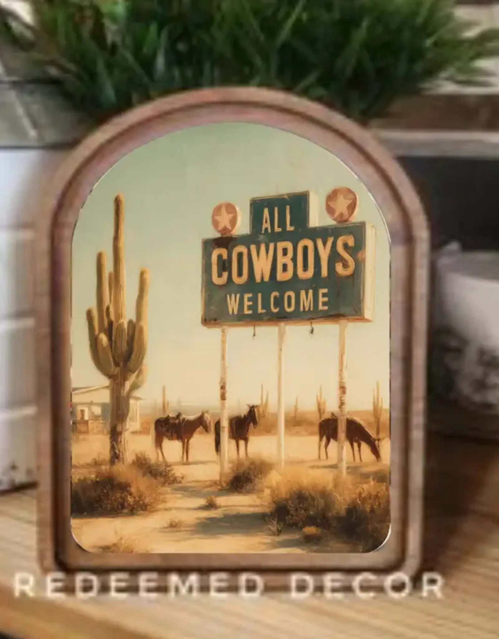 Redeemed Decor Arch Top Framed Art, All Cowboys Welcome