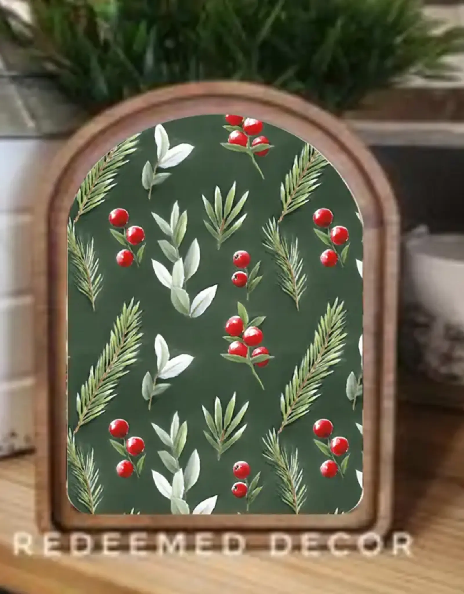 Redeemed Decor Arch Top Framed Art, Green With Berries 8x11"