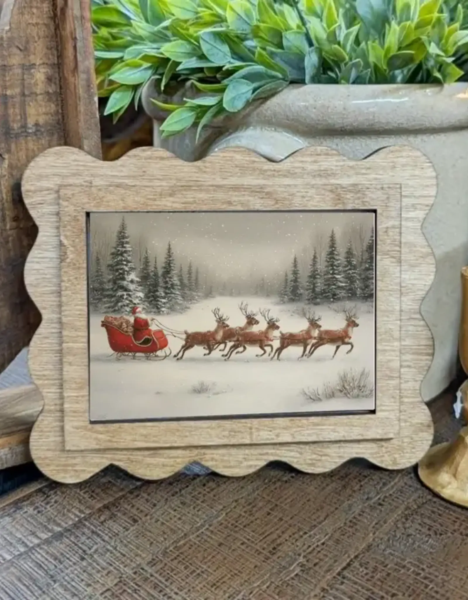 Redeemed Decor Scalloped Framed Art, Red Santa Sleigh 6x8"
