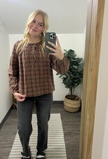 Blu Pepper Plaid Tie Front Long Sleeve Top