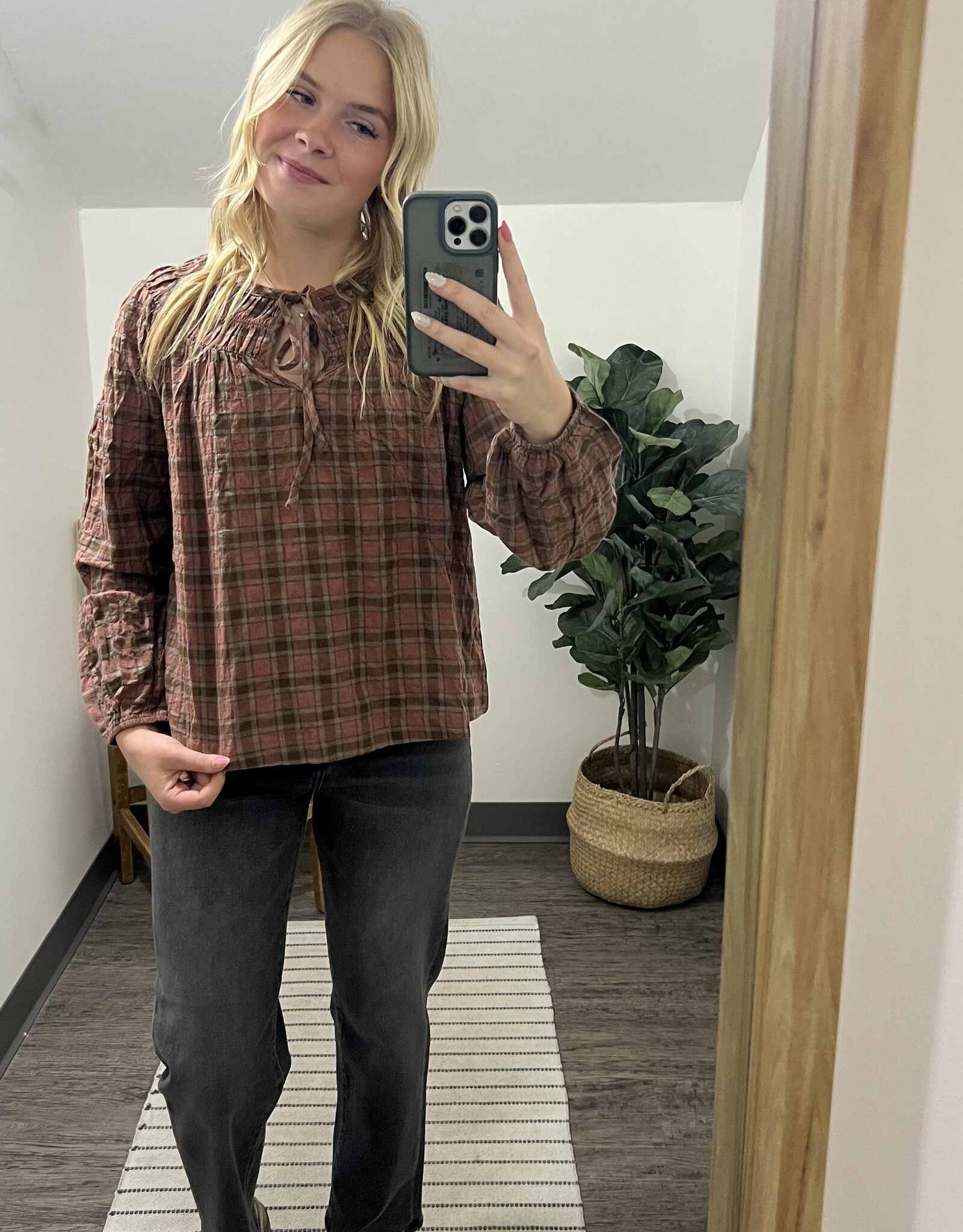 Blu Pepper Plaid Tie Front Long Sleeve Top