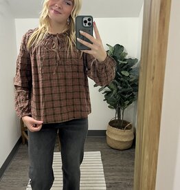 Blu Pepper Plaid Tie Front Long Sleeve Top