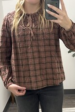 Blu Pepper Plaid Tie Front Long Sleeve Top
