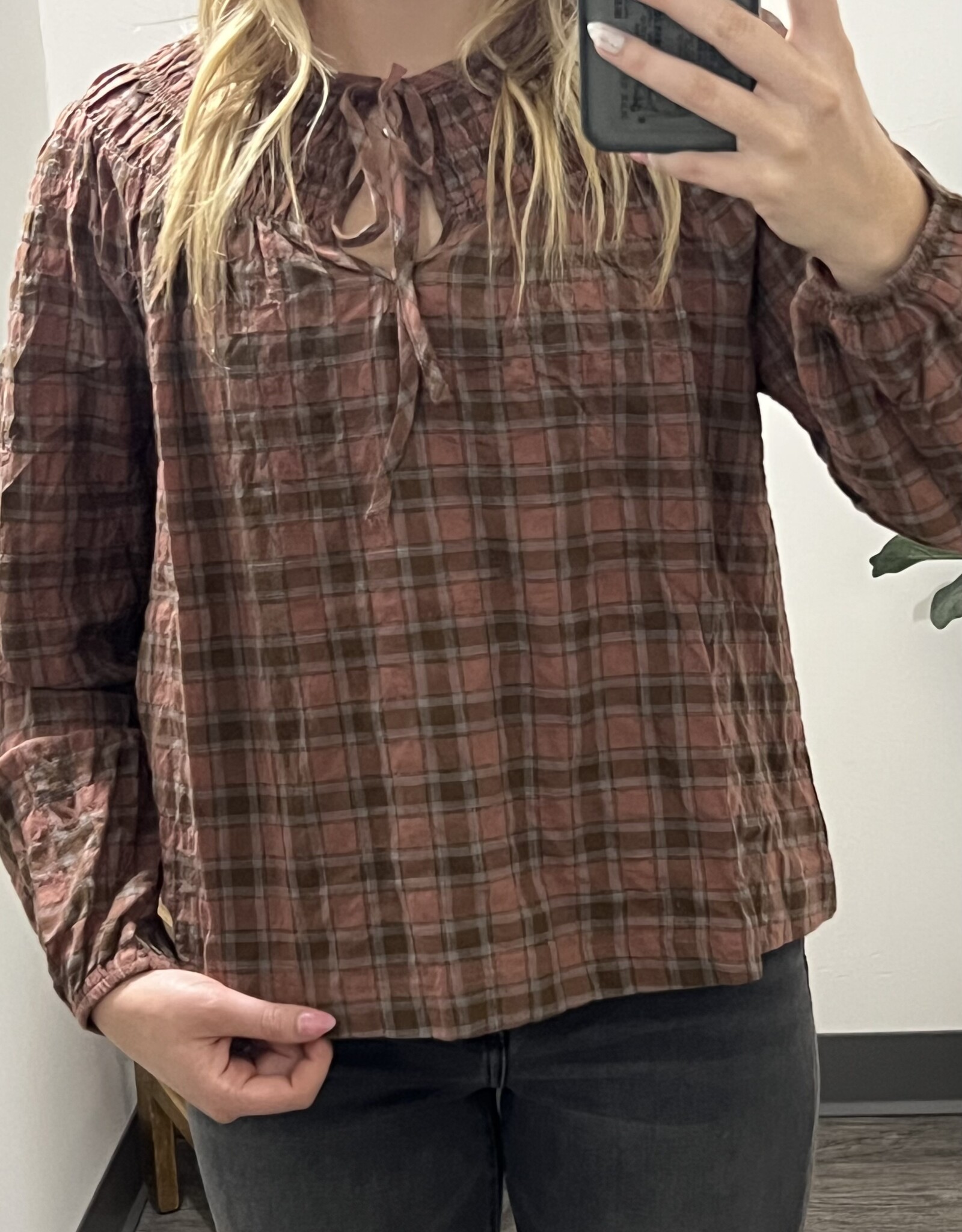 Blu Pepper Plaid Tie Front Long Sleeve Top
