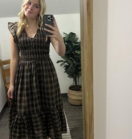 Blu Pepper Plaid Smocked V-Neck Button Down Dress