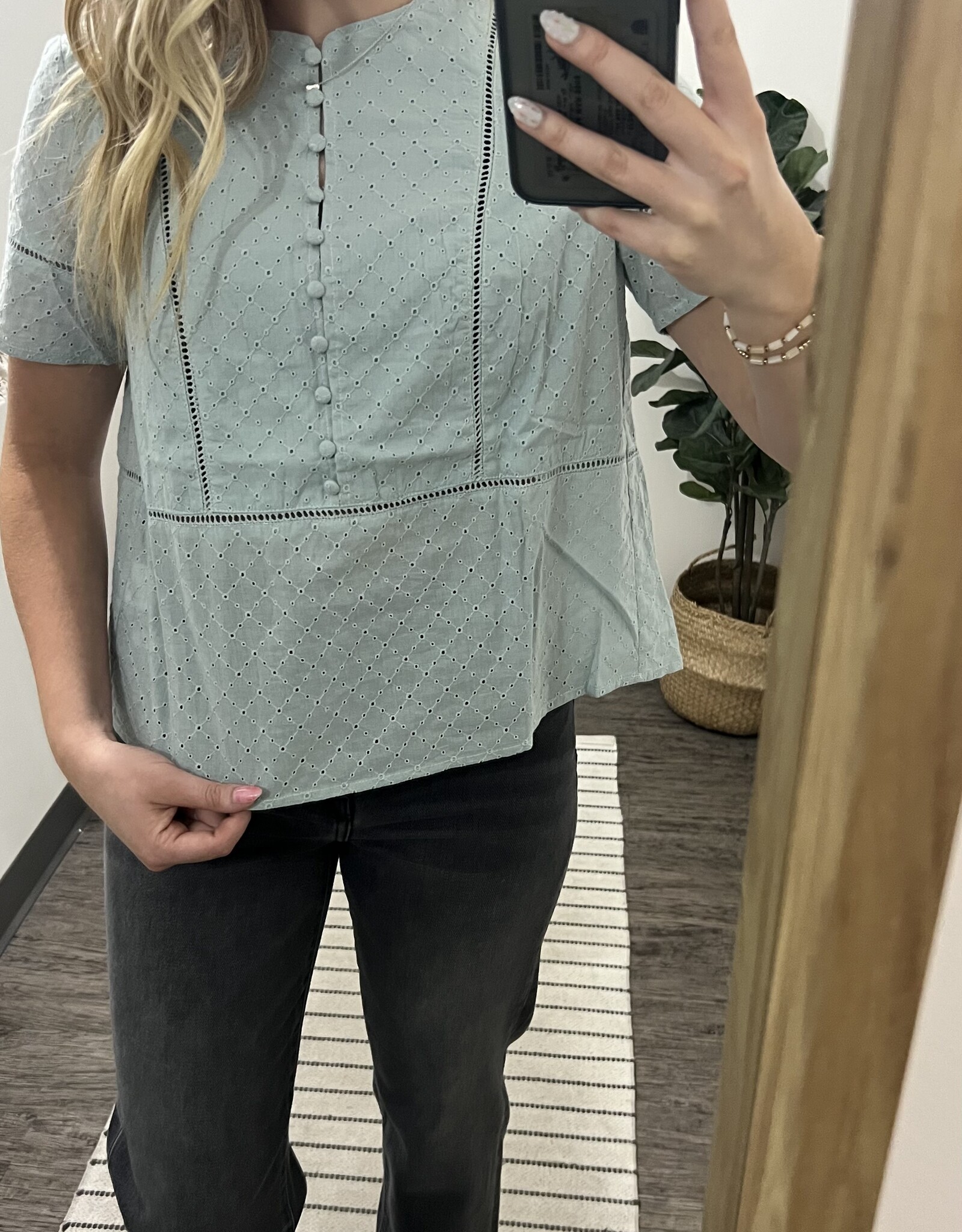 Listicle Eyelet Button Front Short Sleeve Blouse