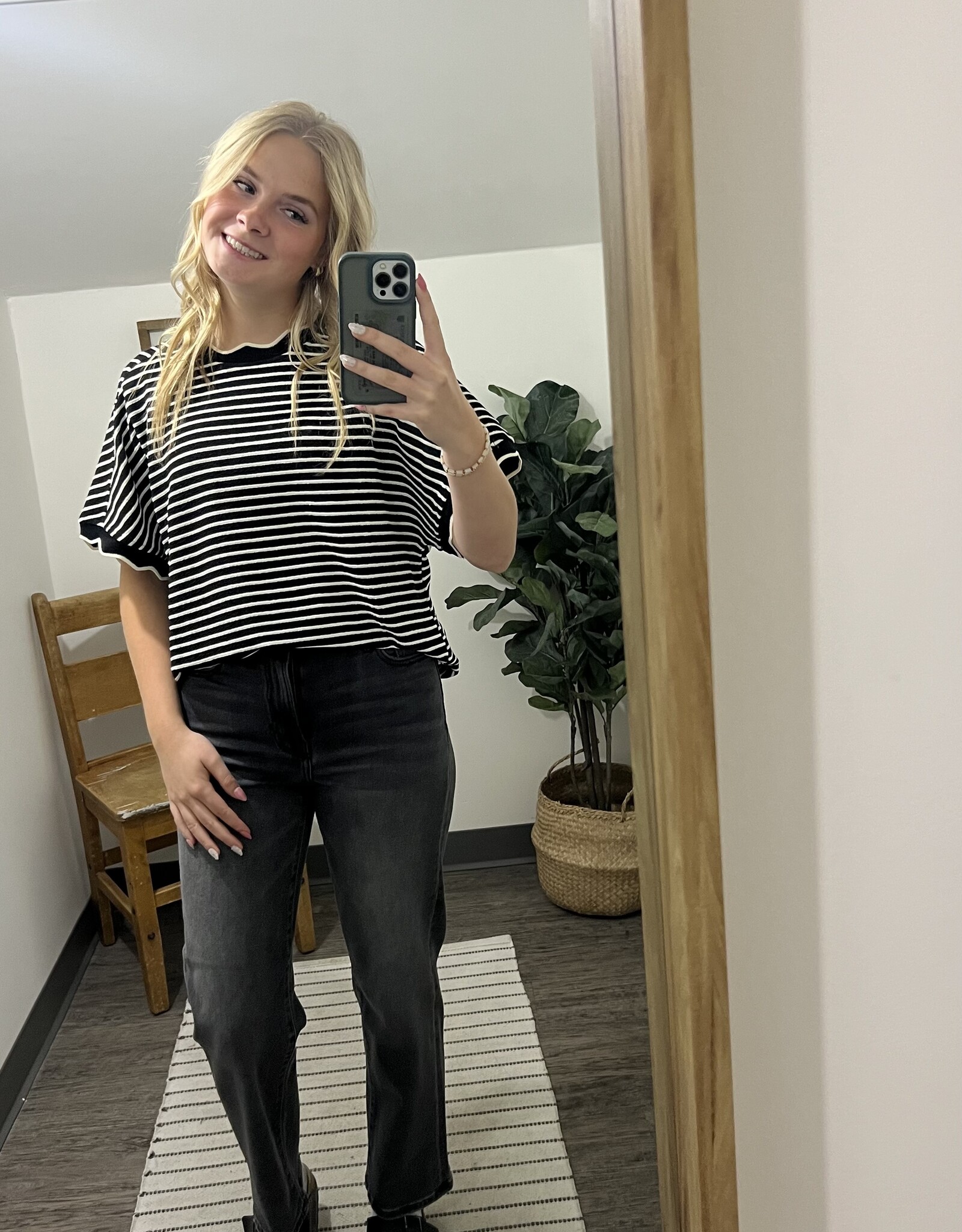 Very J Scallop Trim Stripe Knit Top