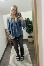 Listicle Ruffle Shoulder Denim Blouse