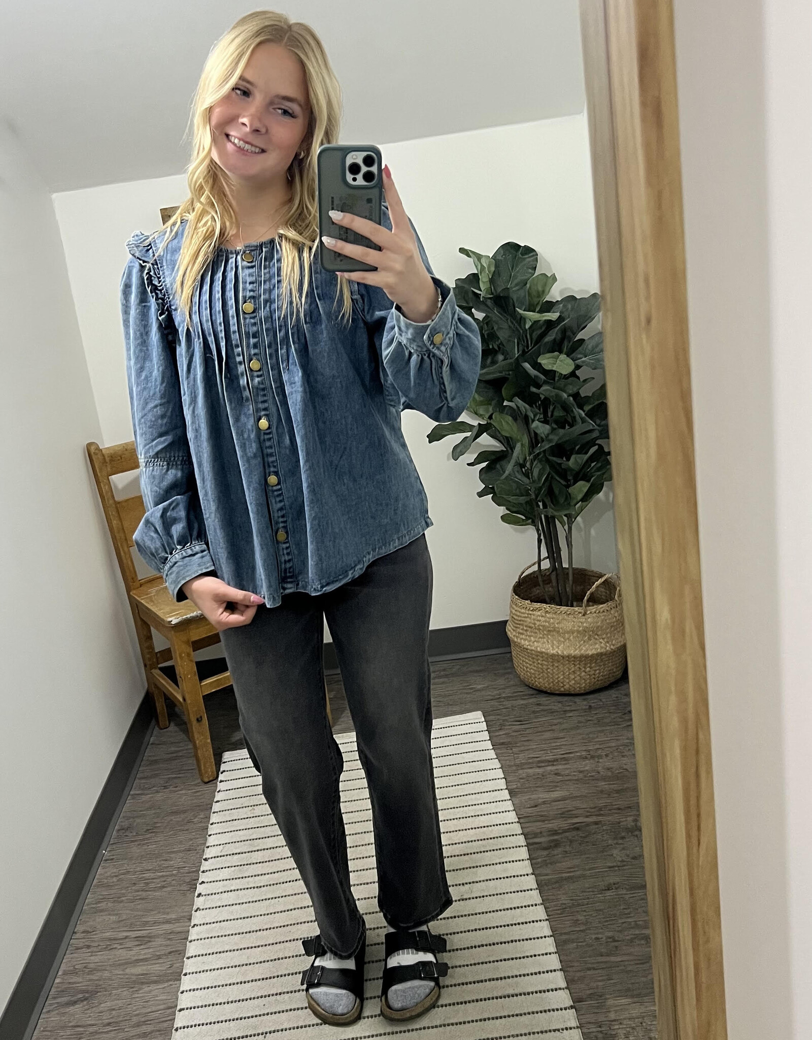 Listicle Ruffle Shoulder Denim Blouse