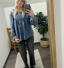 Listicle Ruffle Shoulder Denim Blouse