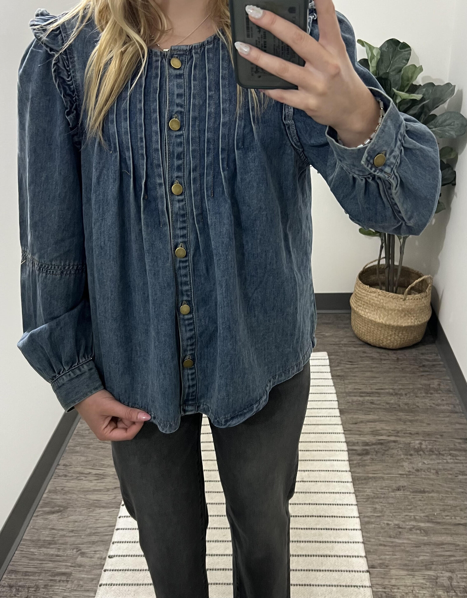 Listicle Ruffle Shoulder Denim Blouse