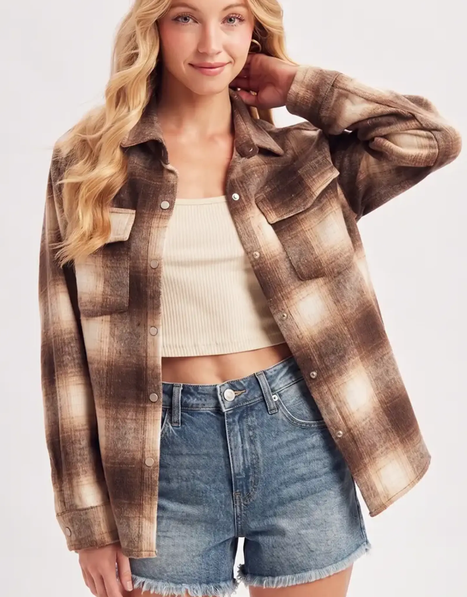 Snap Button Down Plaid Shacket