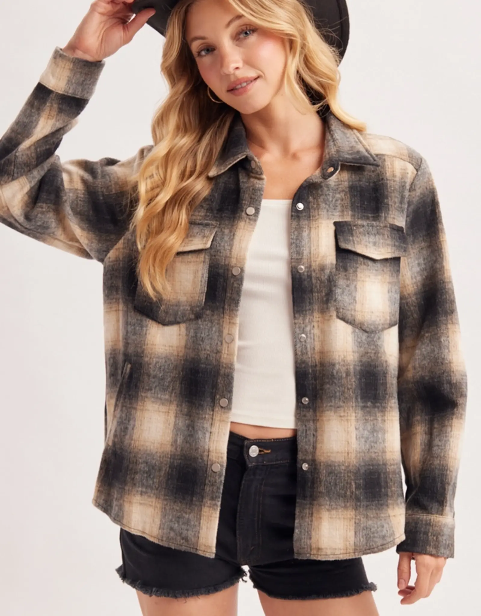 Snap Button Down Plaid Shacket