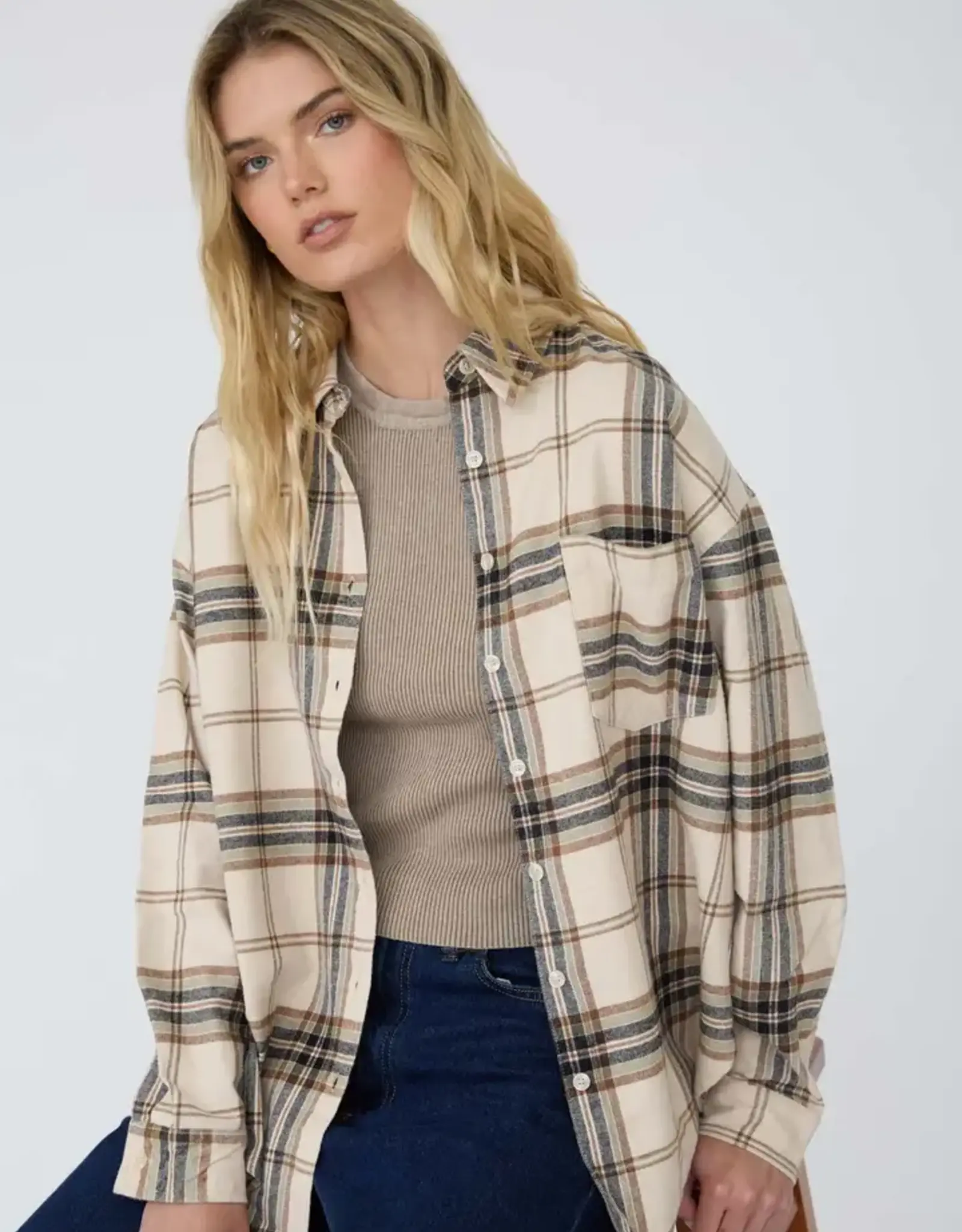 J.O.A Plaid Boxy Button Down Long Sleeve