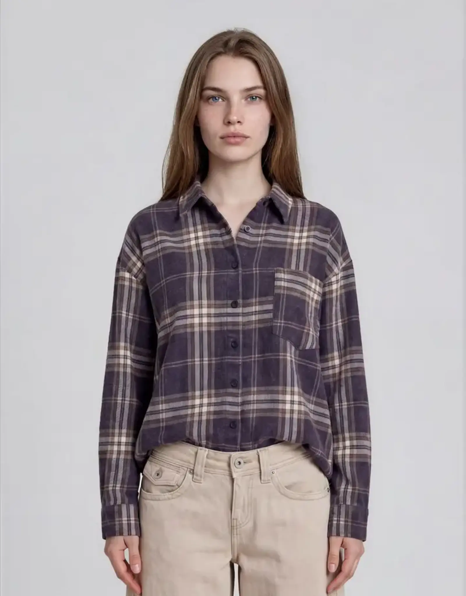 J.O.A Plaid Boxy Button Down Long Sleeve