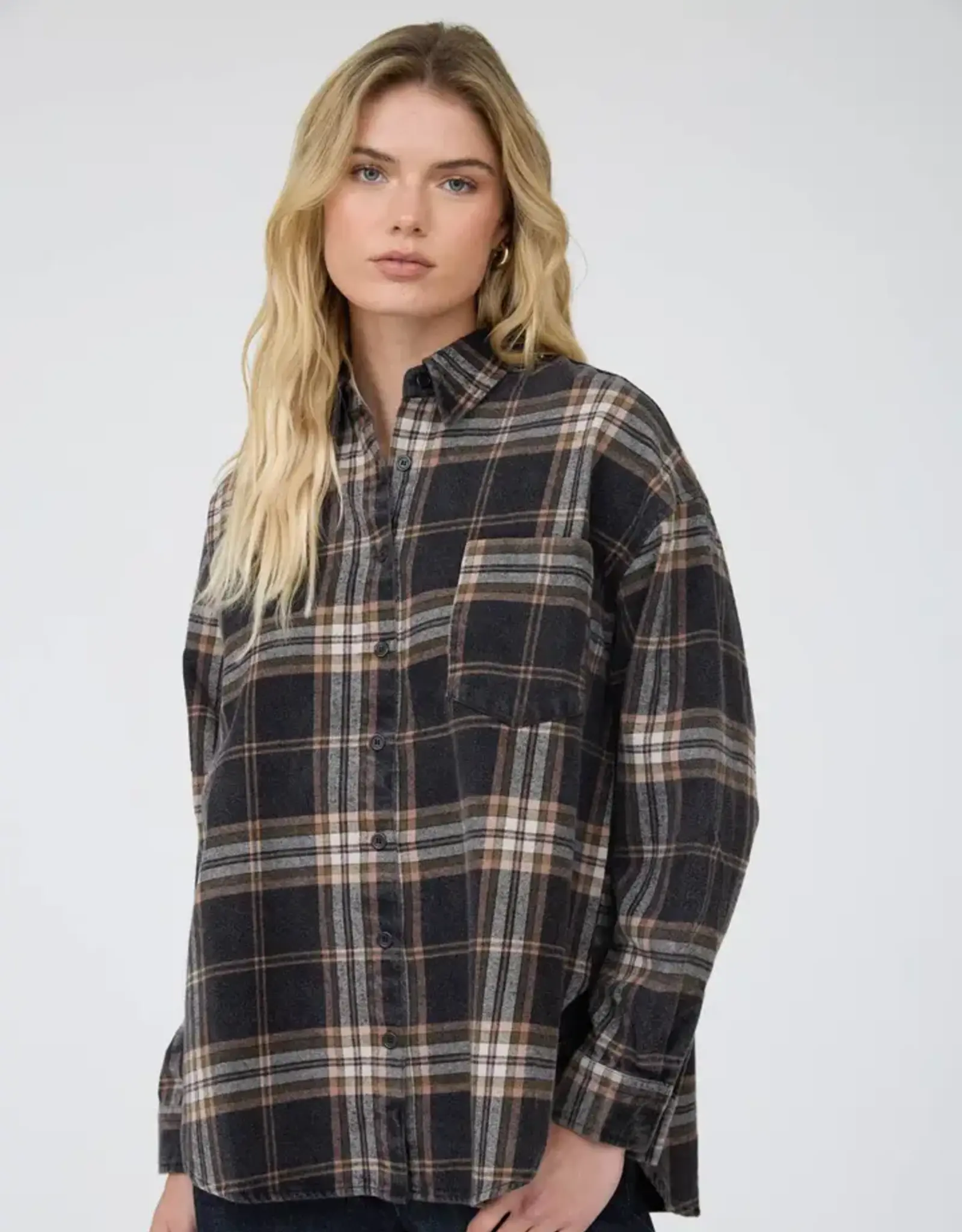 J.O.A Plaid Boxy Button Down Long Sleeve