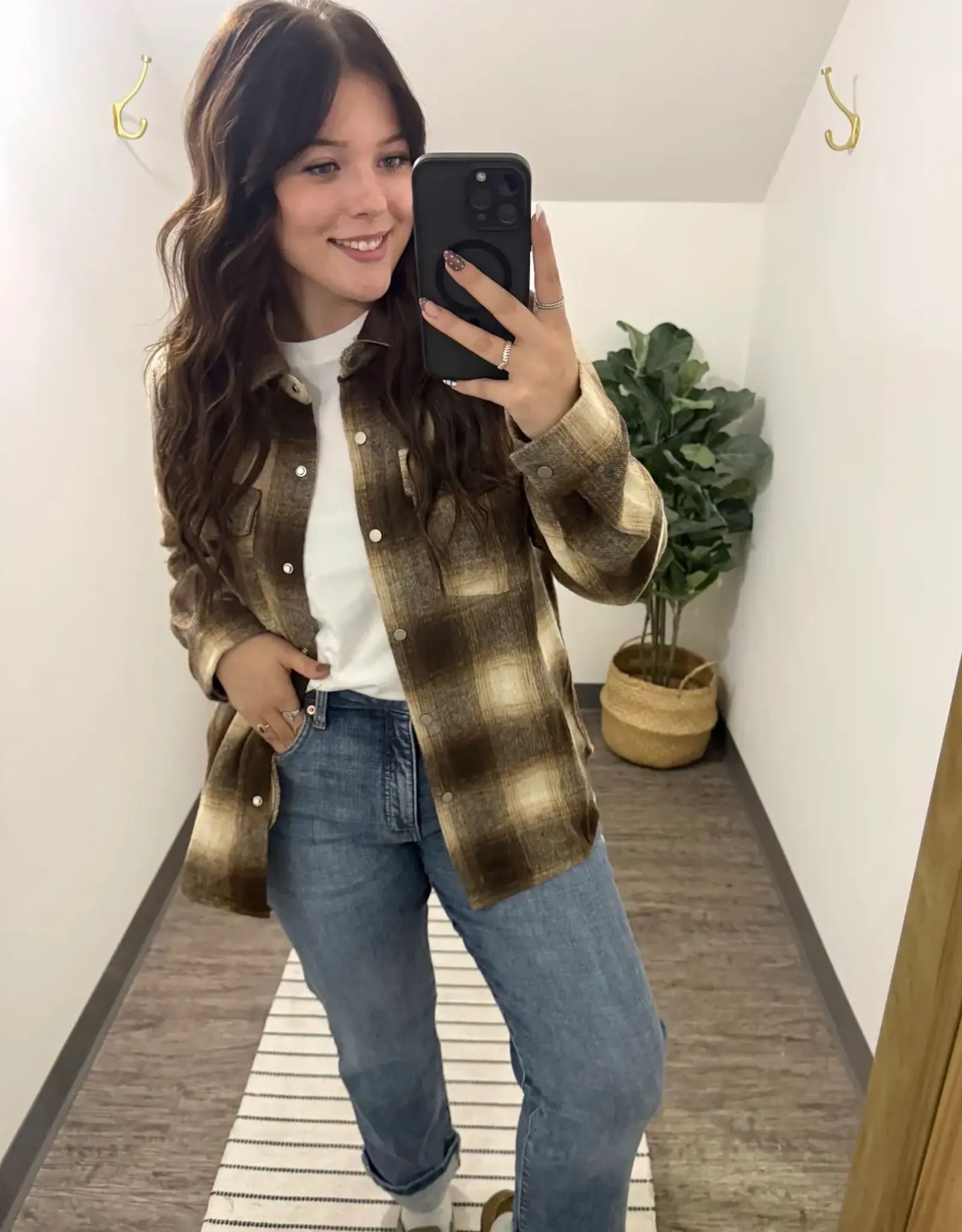 Snap Button Down Plaid Shacket