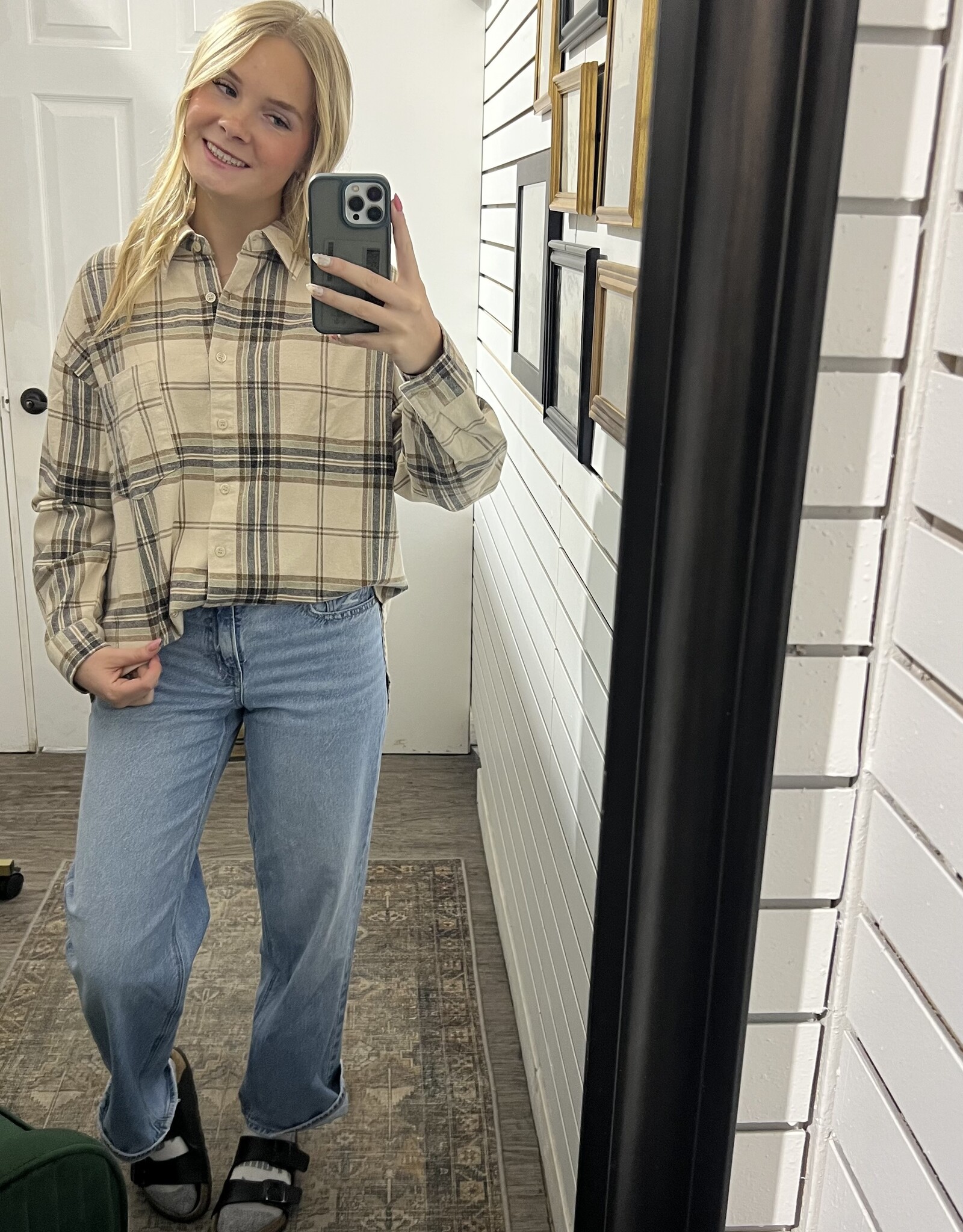 J.O.A Plaid Boxy Collared Button Down Long Sleeve