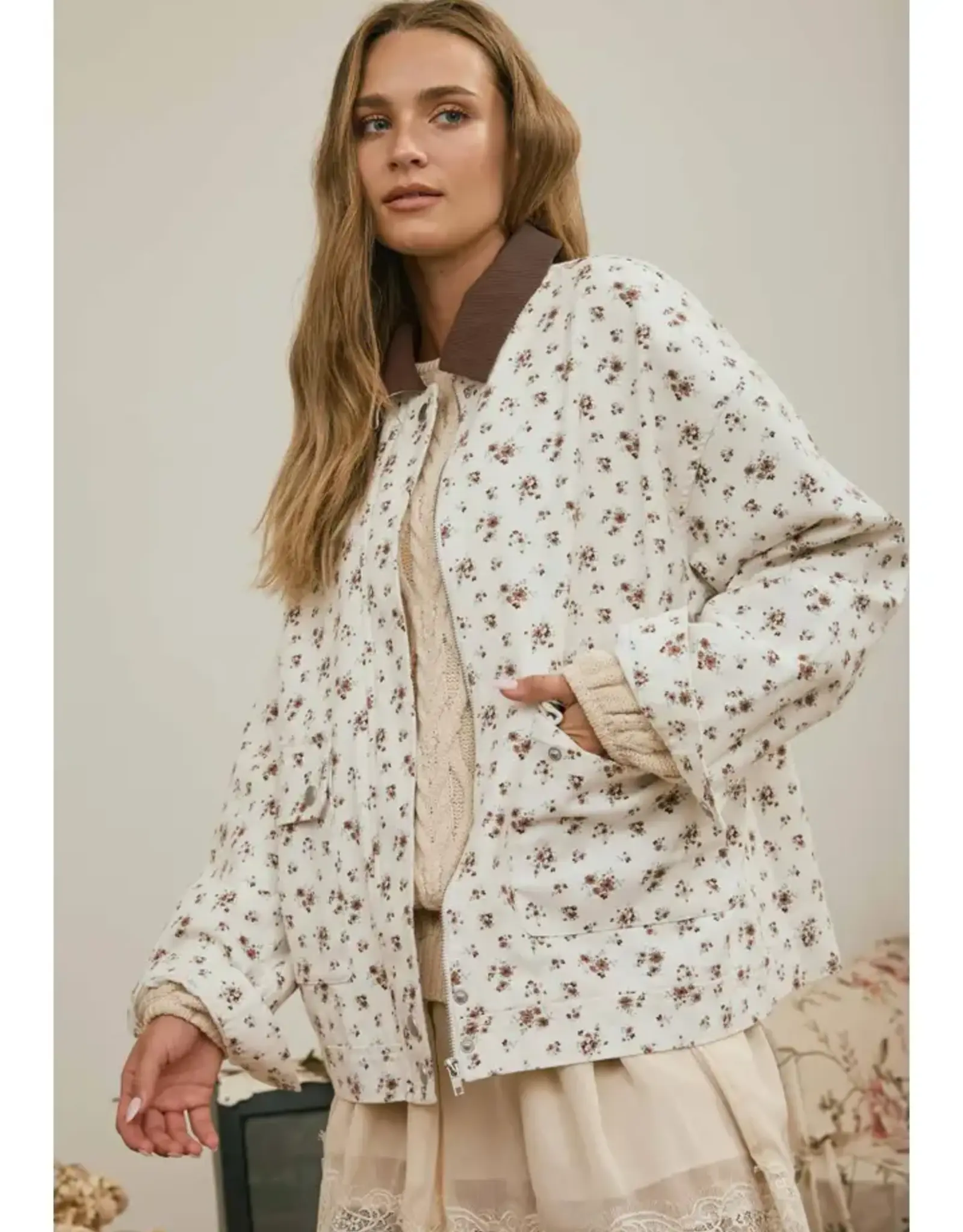 J.O.A Floral Corduroy Collared Jacket