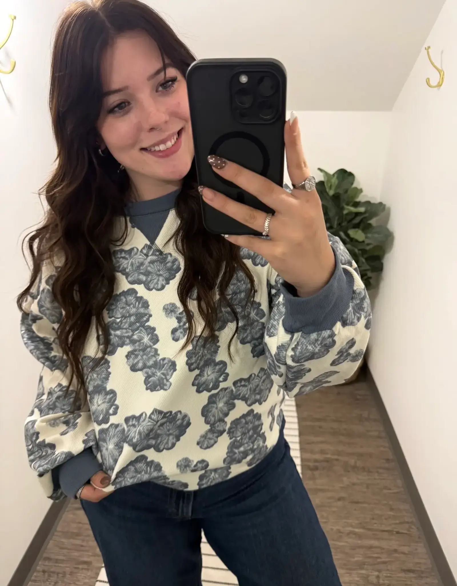 Very J Vintage Floral Waffle Pullover