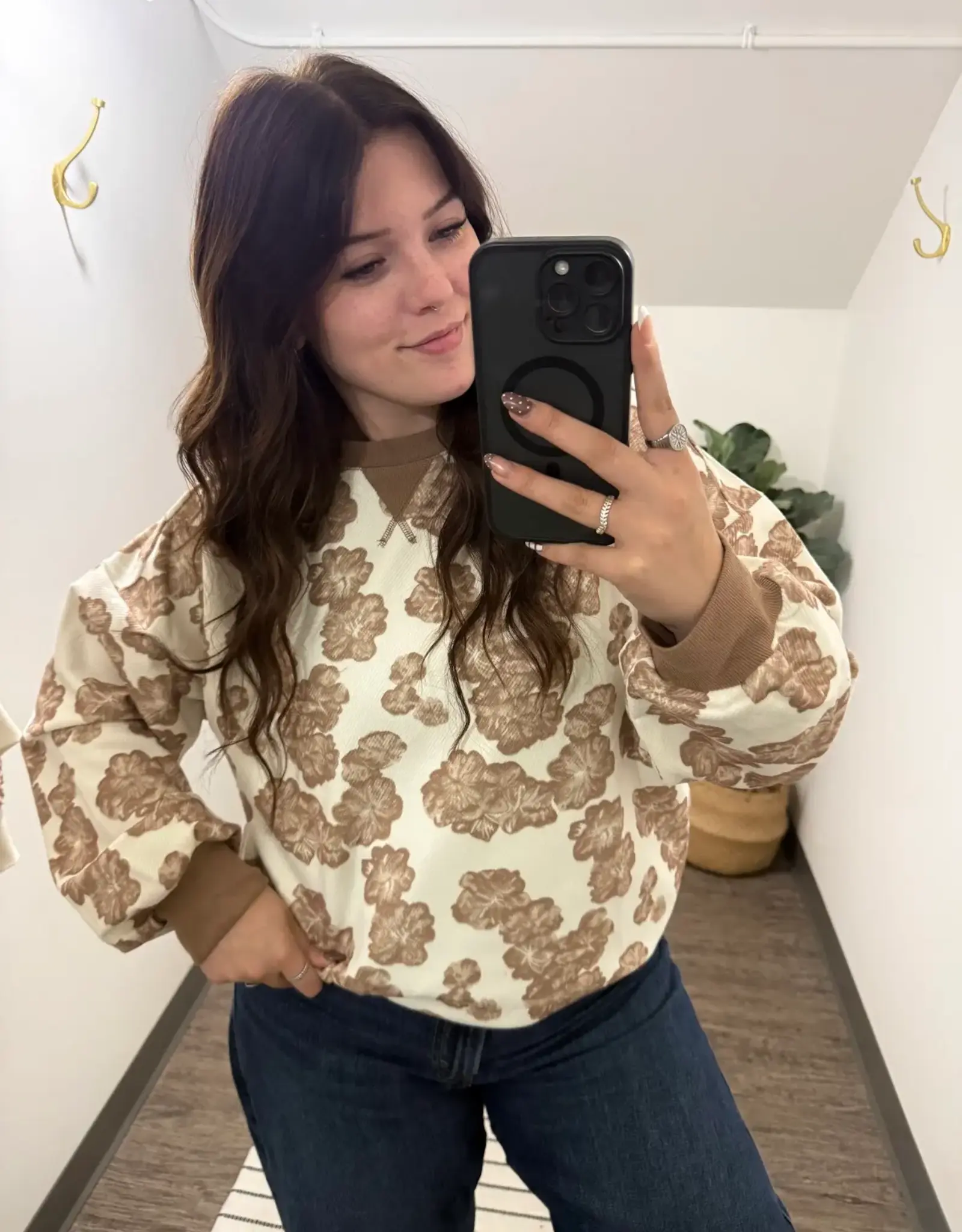 Very J Vintage Floral Waffle Pullover