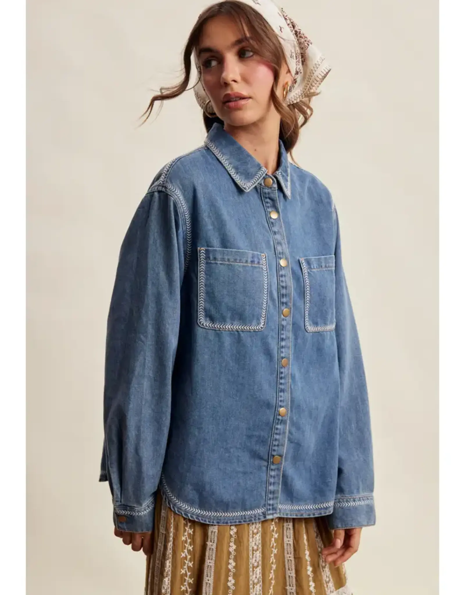 Listicle Embroidered Stitch Detail Denim Jacket