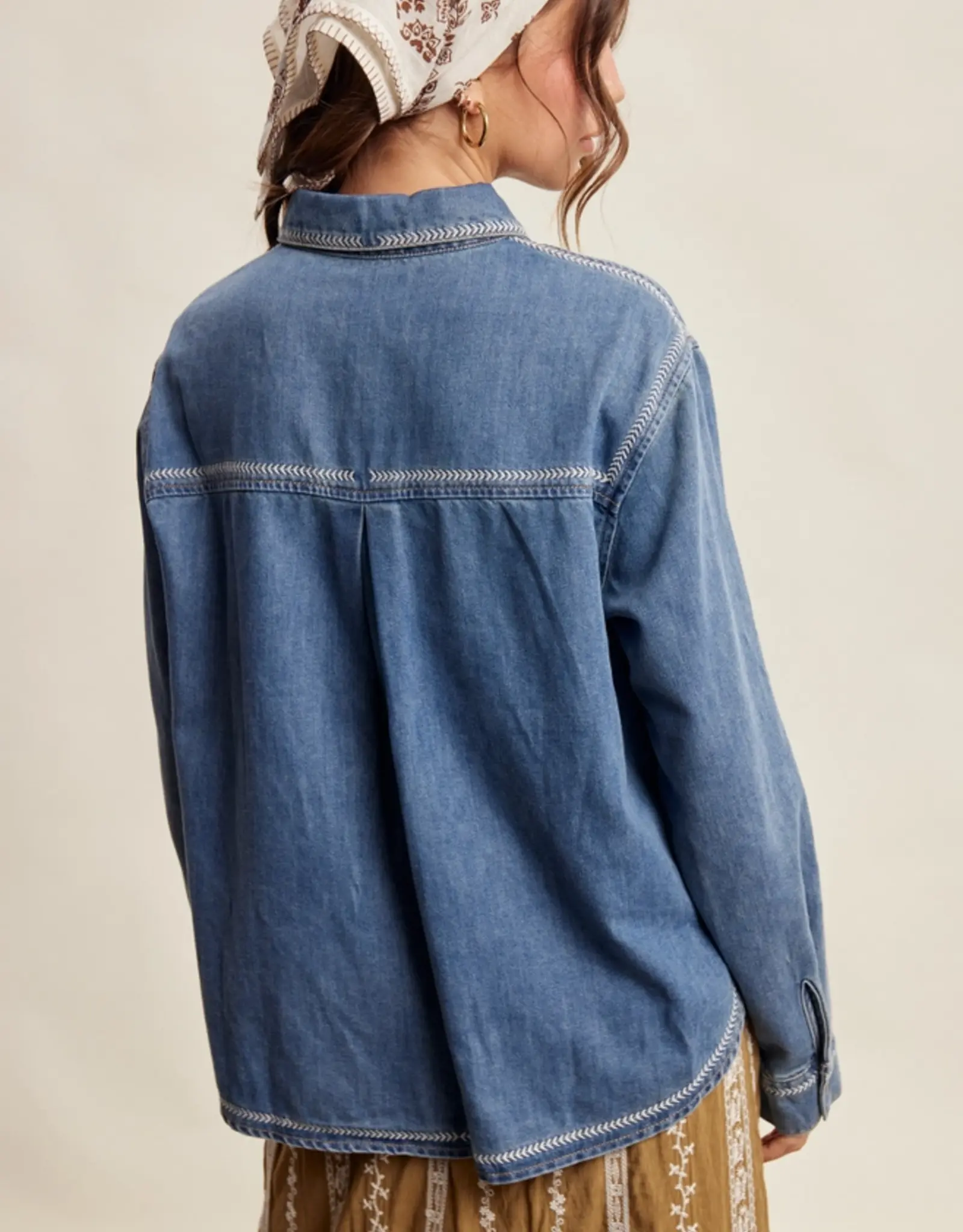 Listicle Embroidered Stitch Detail Denim Jacket