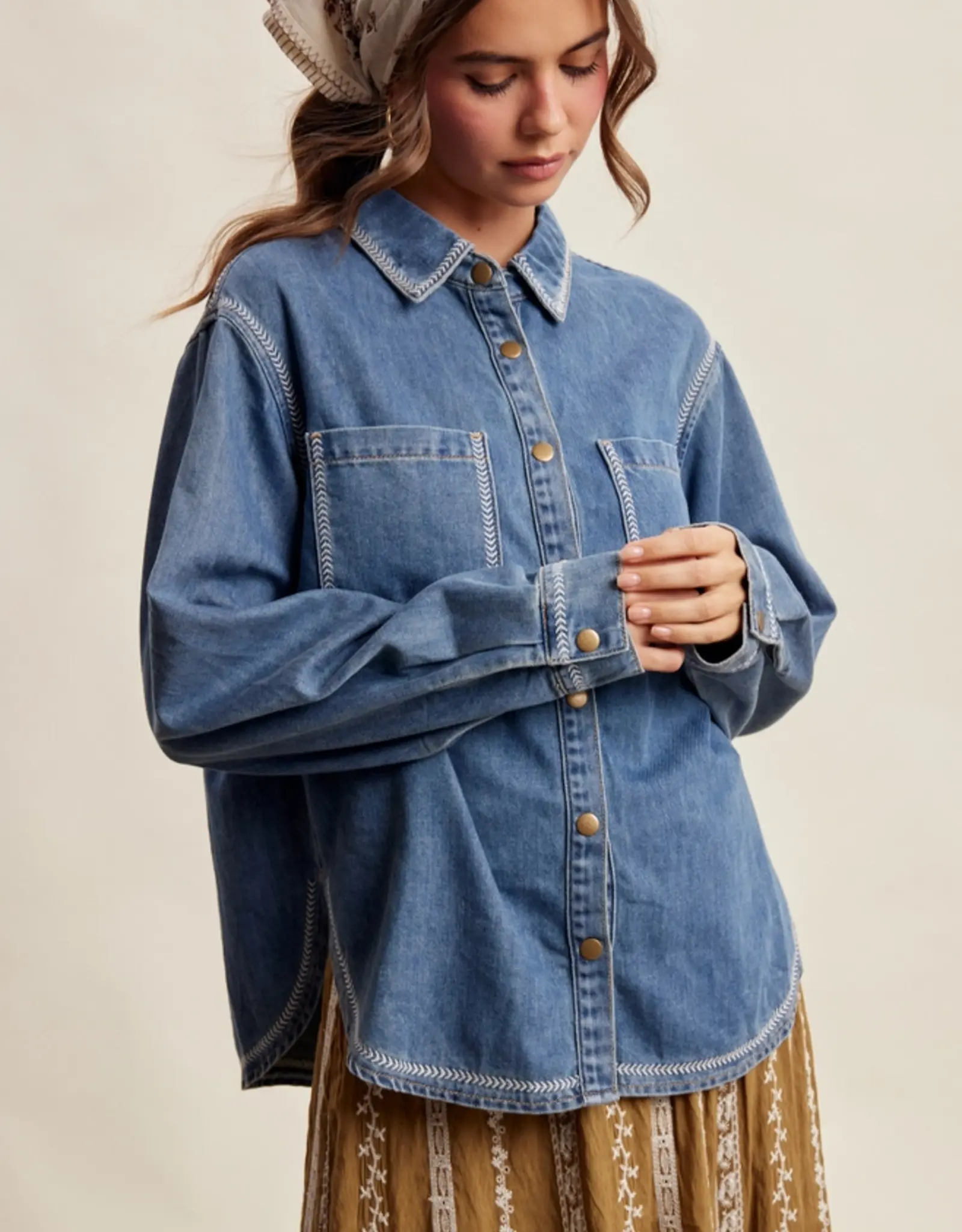 Listicle Embroidered Stitch Detail Denim Jacket