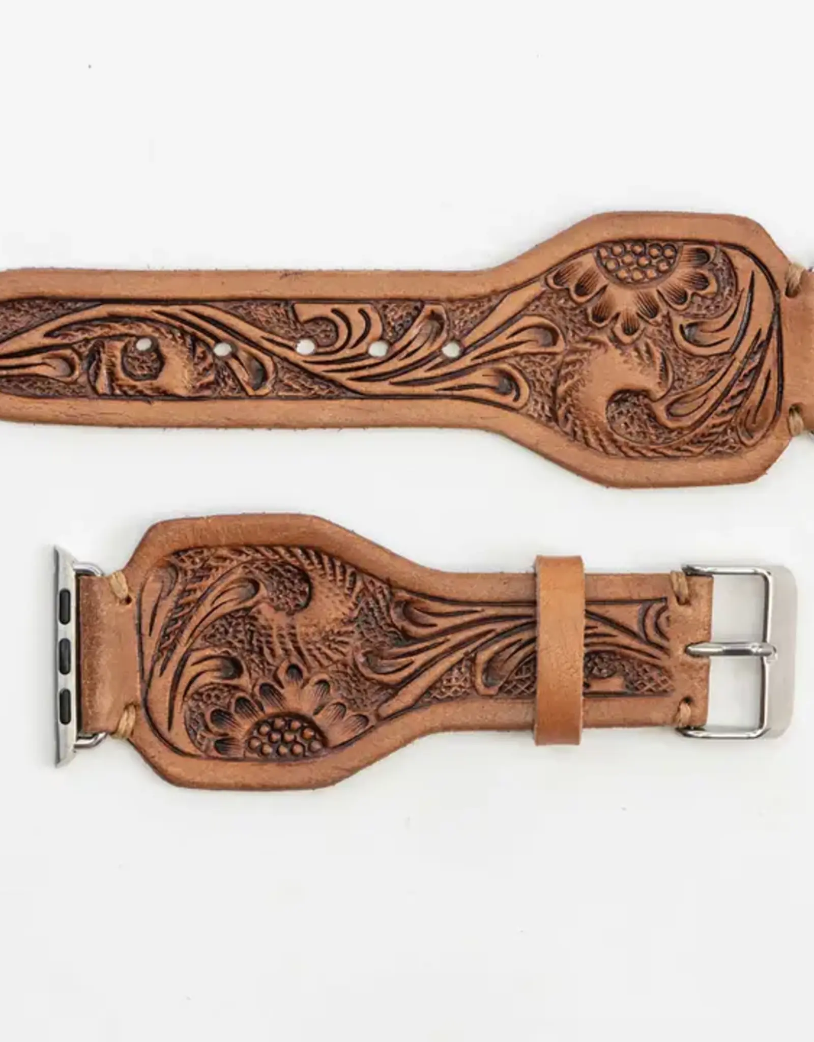 Myra Bag Handtooled Leather Watch Band, Saddle Brown