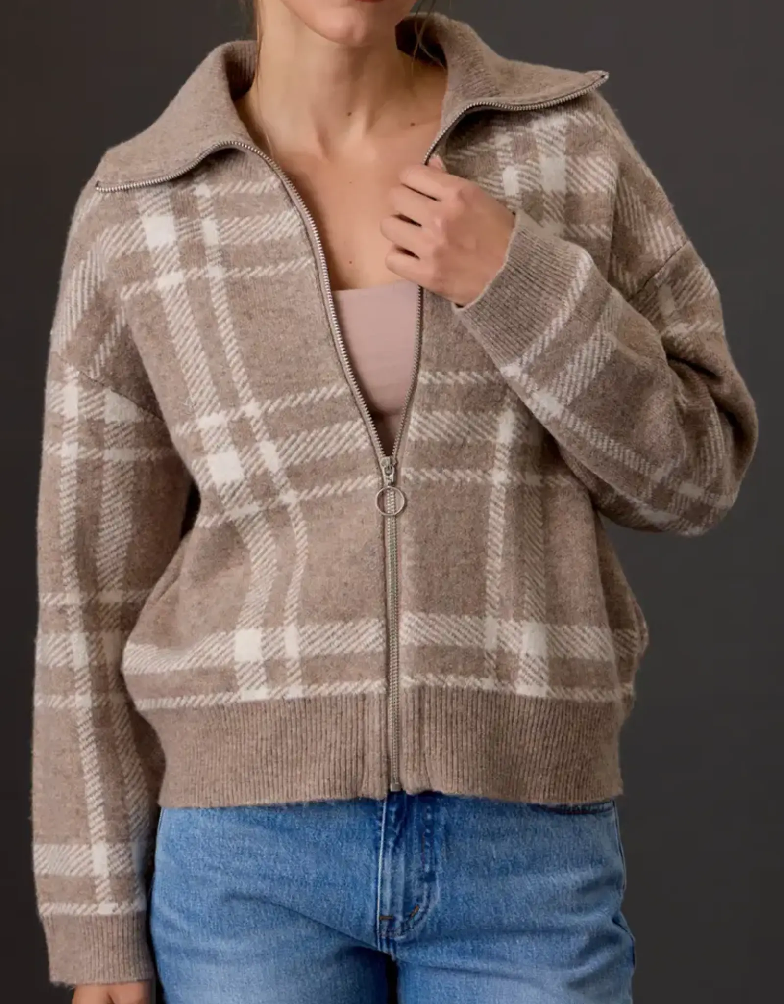 High Collar Plaid  Sweater Jacket